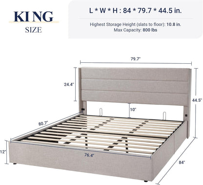 King Size Lift up Storage Bed, Modern Wingback Headboard, Hydraulic Support, No Box Spring Needed, Light Beige