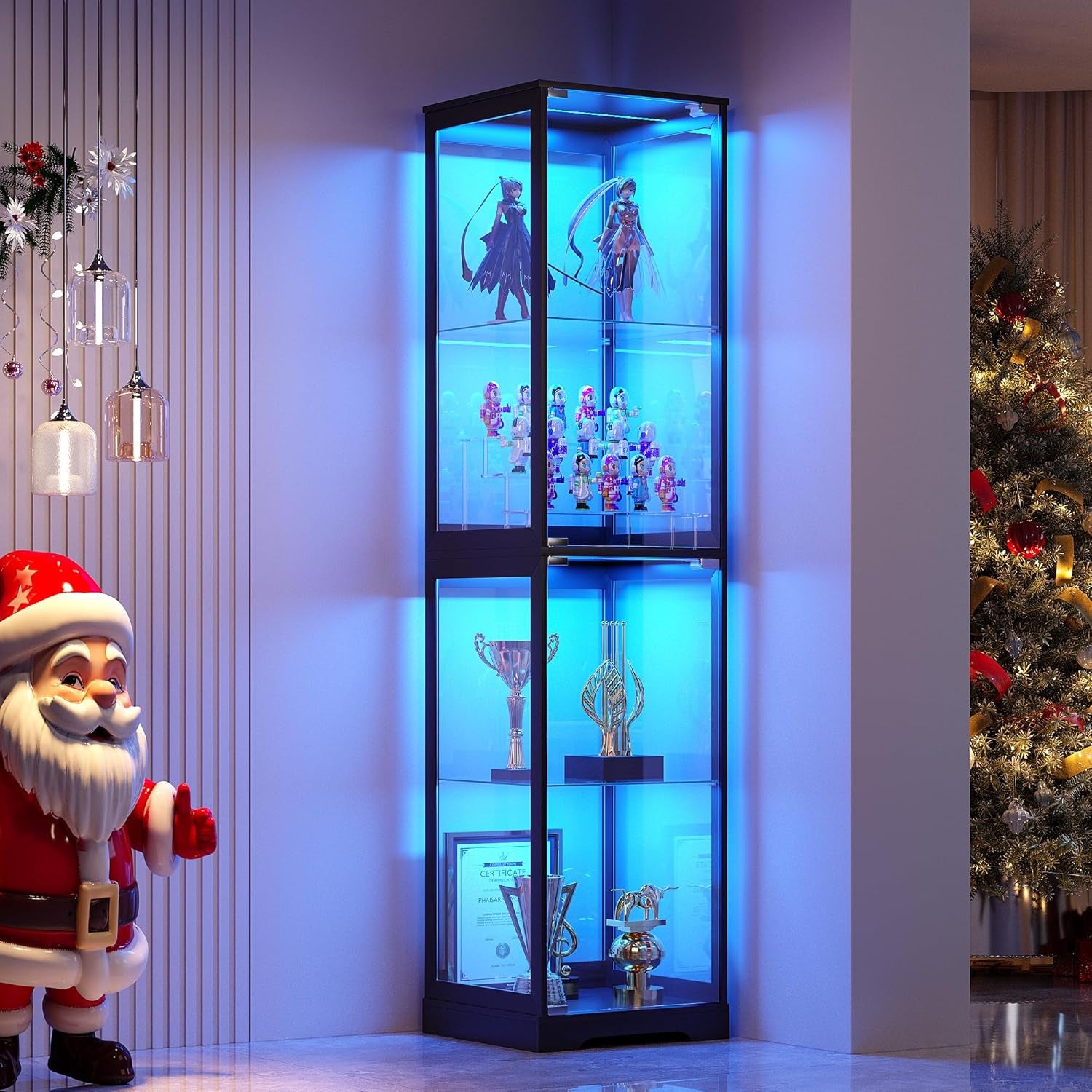 Glass Display Cabinet with Doors, 65" Tall 4-Tier Curio Display Case with 3 Color Lights and Human Body Sensor, Bookcase for Collectibles, Black