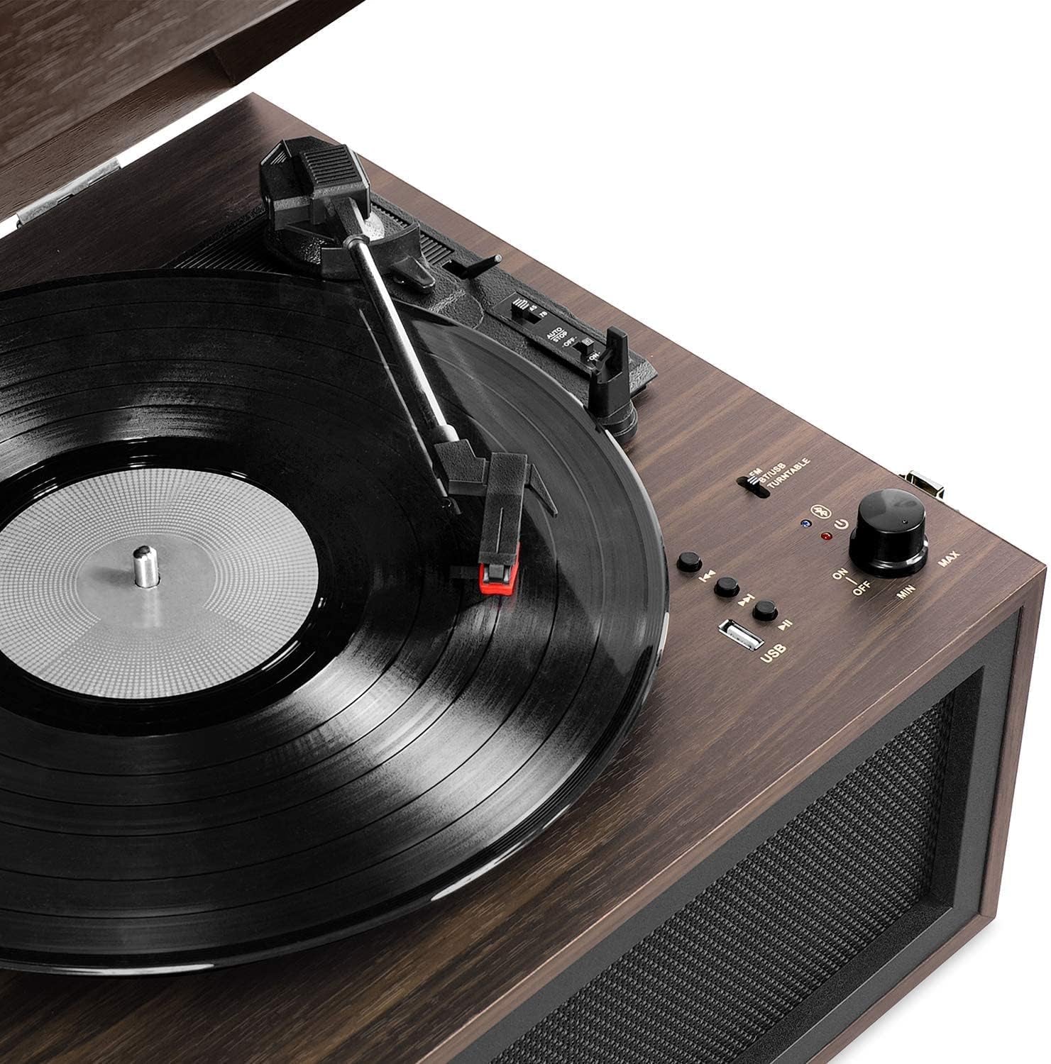 Liberty – Bluetooth Record Player – 5-In-1 Turntable with Vinyl Stream, FM Radio, USB Playback, Built-In Speakers, Use as Stand or Tabletop Player (Espresso)