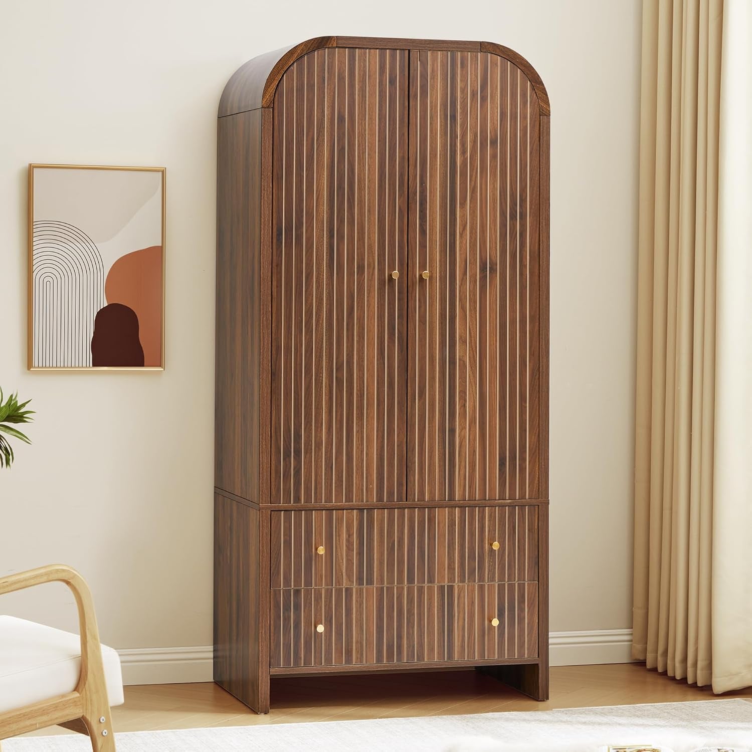 Arched Armoire Wardrobe Closet, Mid-Century Modern 2-Door Freestanding Wardrobe with Hanging Rod and 2 Drawers, Fluted Carved Clothing Storage Cabinet for Bedroom (Walnut)