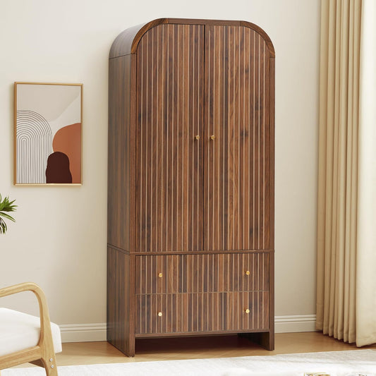 Arched Armoire Wardrobe Closet, Mid-Century Modern 2-Door Freestanding Wardrobe with Hanging Rod and 2 Drawers, Fluted Carved Clothing Storage Cabinet for Bedroom (Walnut)