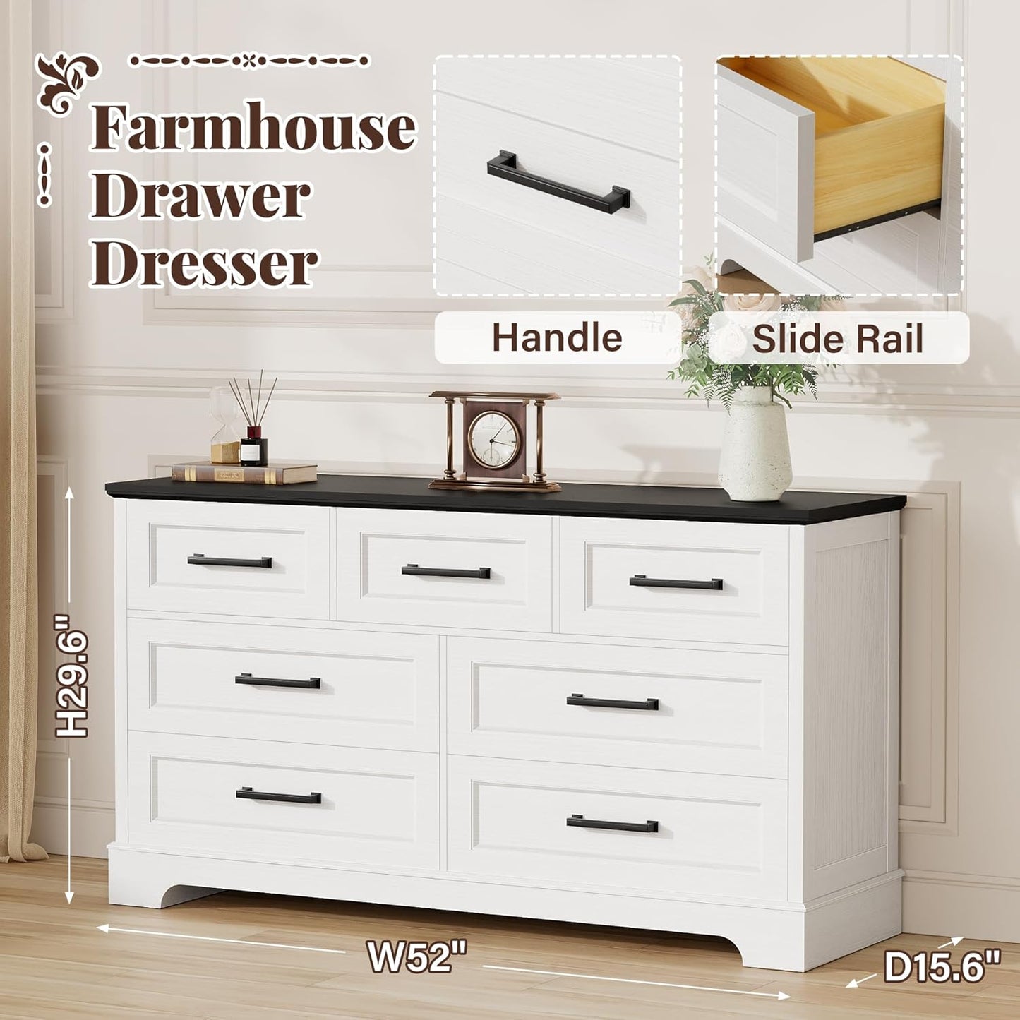 Farmhouse Dresser for Bedroom, 7 Drawers Dresser, Wood Chest of Drawers, 52" Wide Storage Dressers Organizer for Bedroom, Living Room, White and Black
