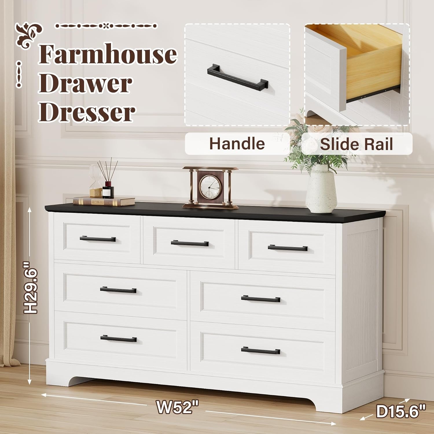 Farmhouse Dresser for Bedroom, 7 Drawers Dresser, Wood Chest of Drawers, 52" Wide Storage Dressers Organizer for Bedroom, Living Room, White and Black