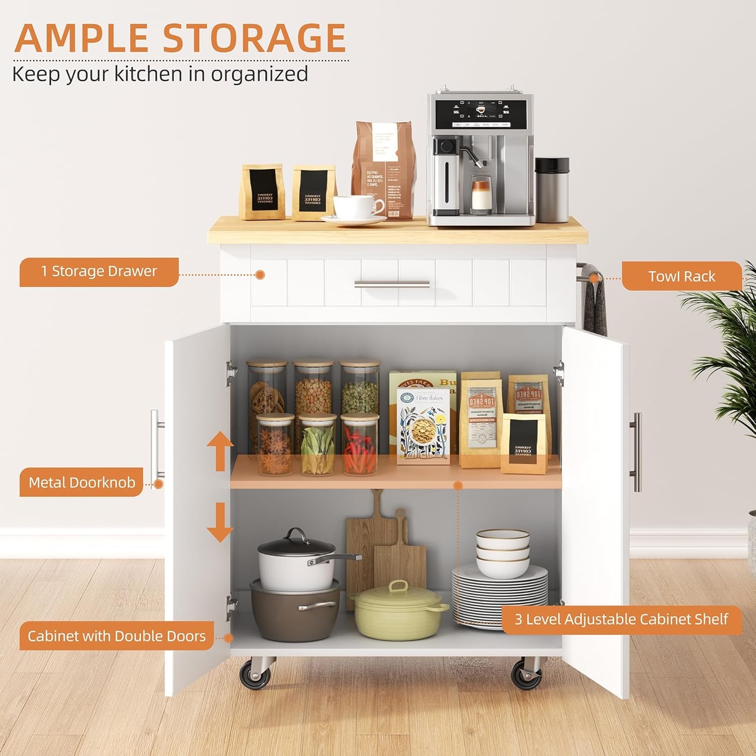 Kitchen Island Cart with Storage, Portable Bar Cabinet on Wheels, Rolling Microwave Cart Side Table with Workstation for Kitchen, Dinning Room, White