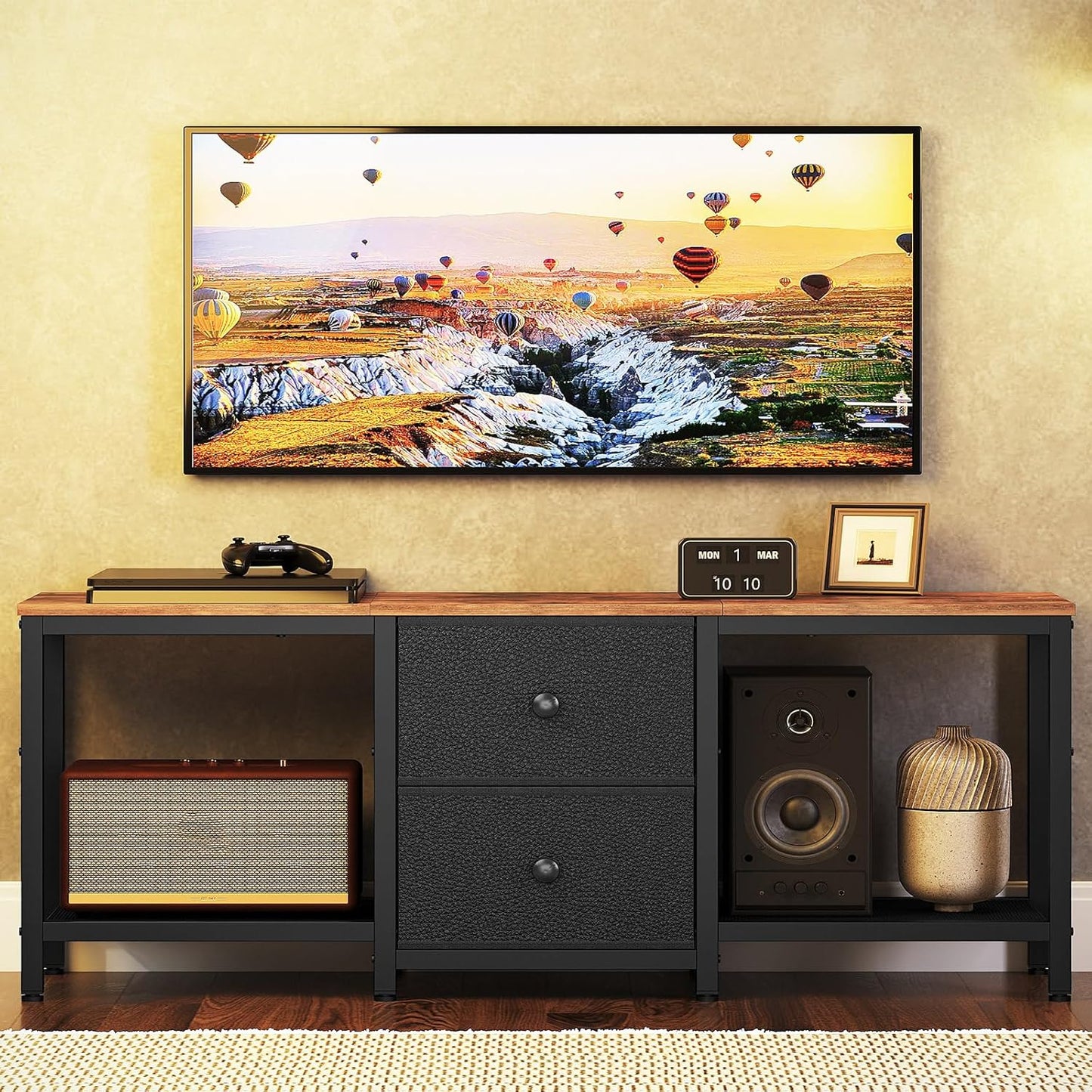 TV Stand for Tvs up to 55", Entertainment Center with 2 Fabric Drawer, Media Console with Shelves, Television Stands for Living Room, Bedroom, Rustic Brown and Black DS02BR