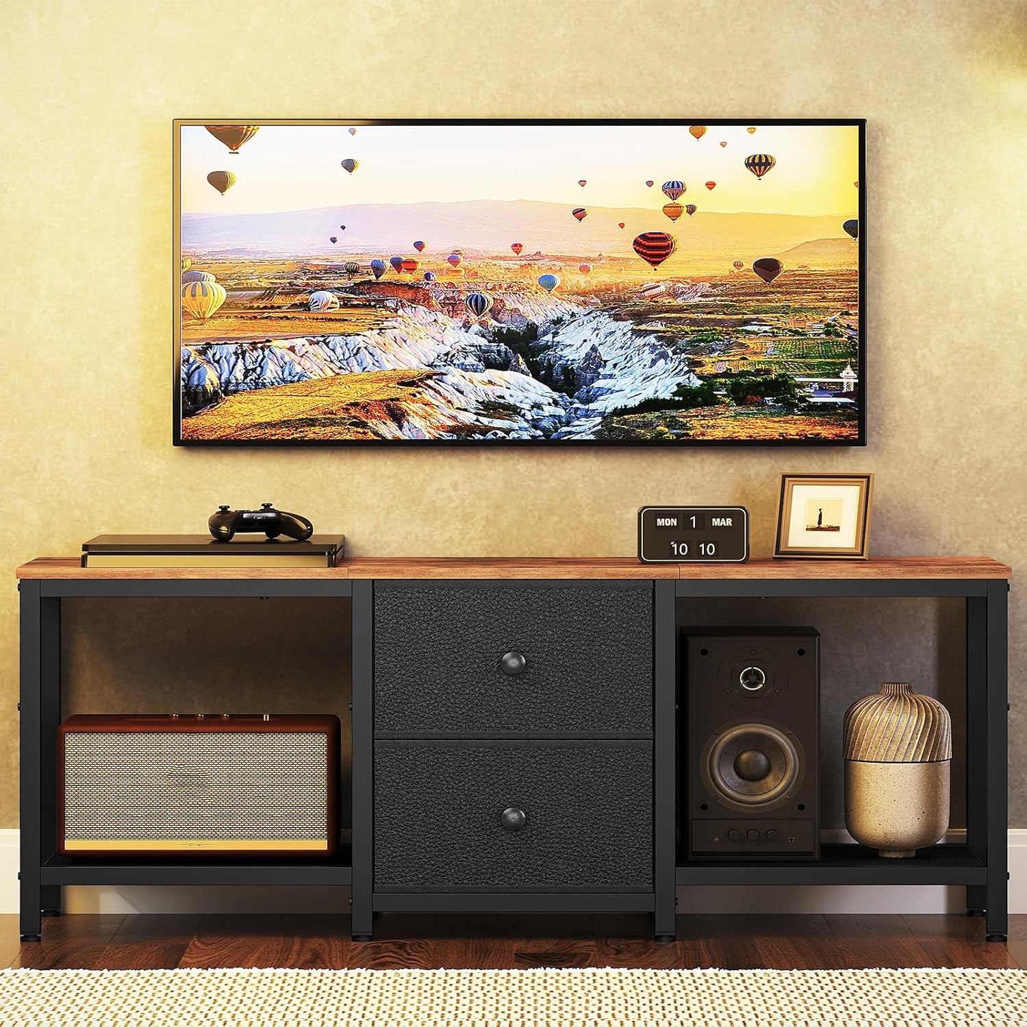 TV Stand for Tvs up to 55", Entertainment Center with 2 Fabric Drawer, Media Console with Shelves, Television Stands for Living Room, Bedroom, Rustic Brown and Black DS02BR