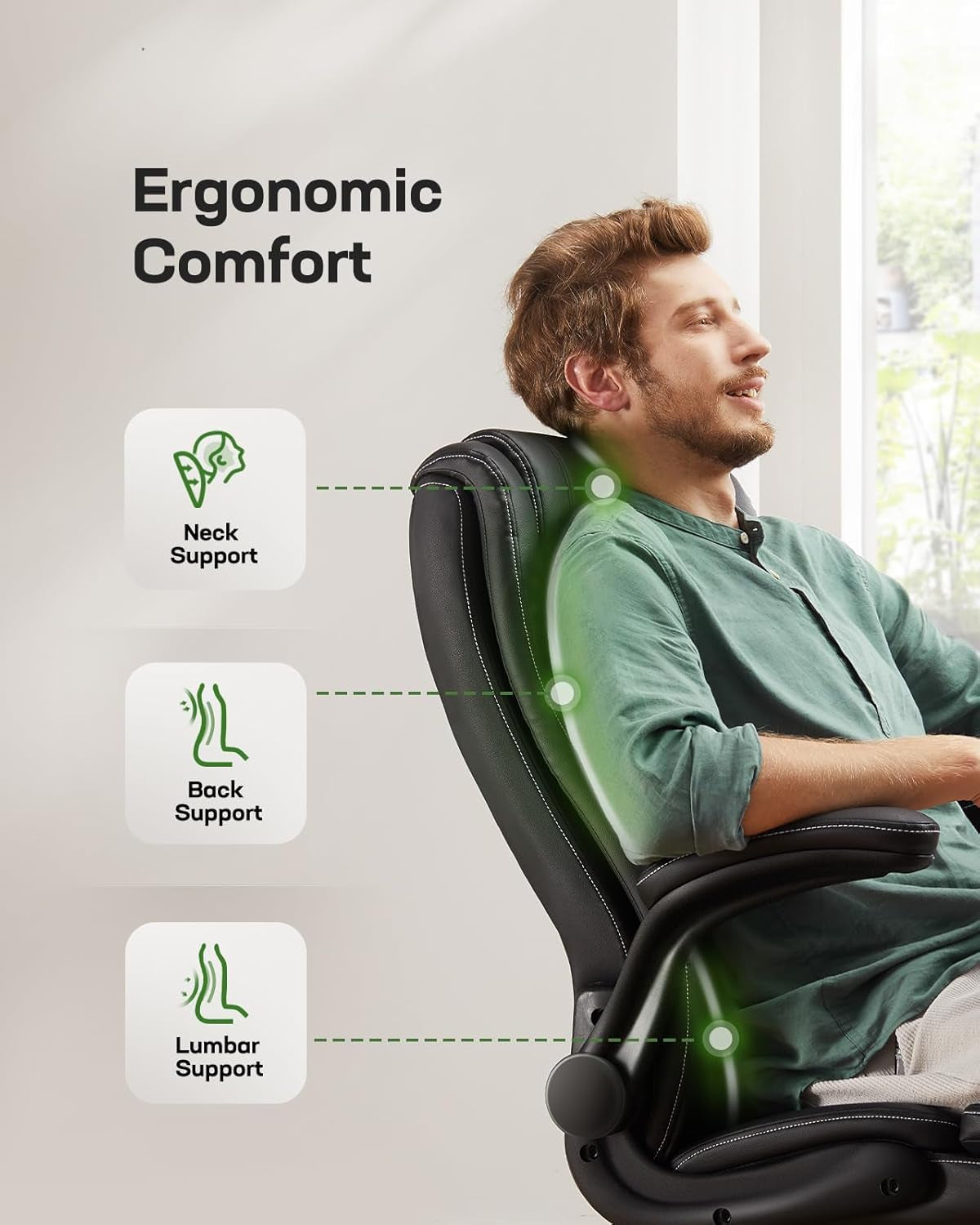 Executive Office Chair with Flip-Up Armrests,Pu Leather Ergonomic Desk Chair Height-Adjustable Swivel Rolling Computer Desk Chair,Black