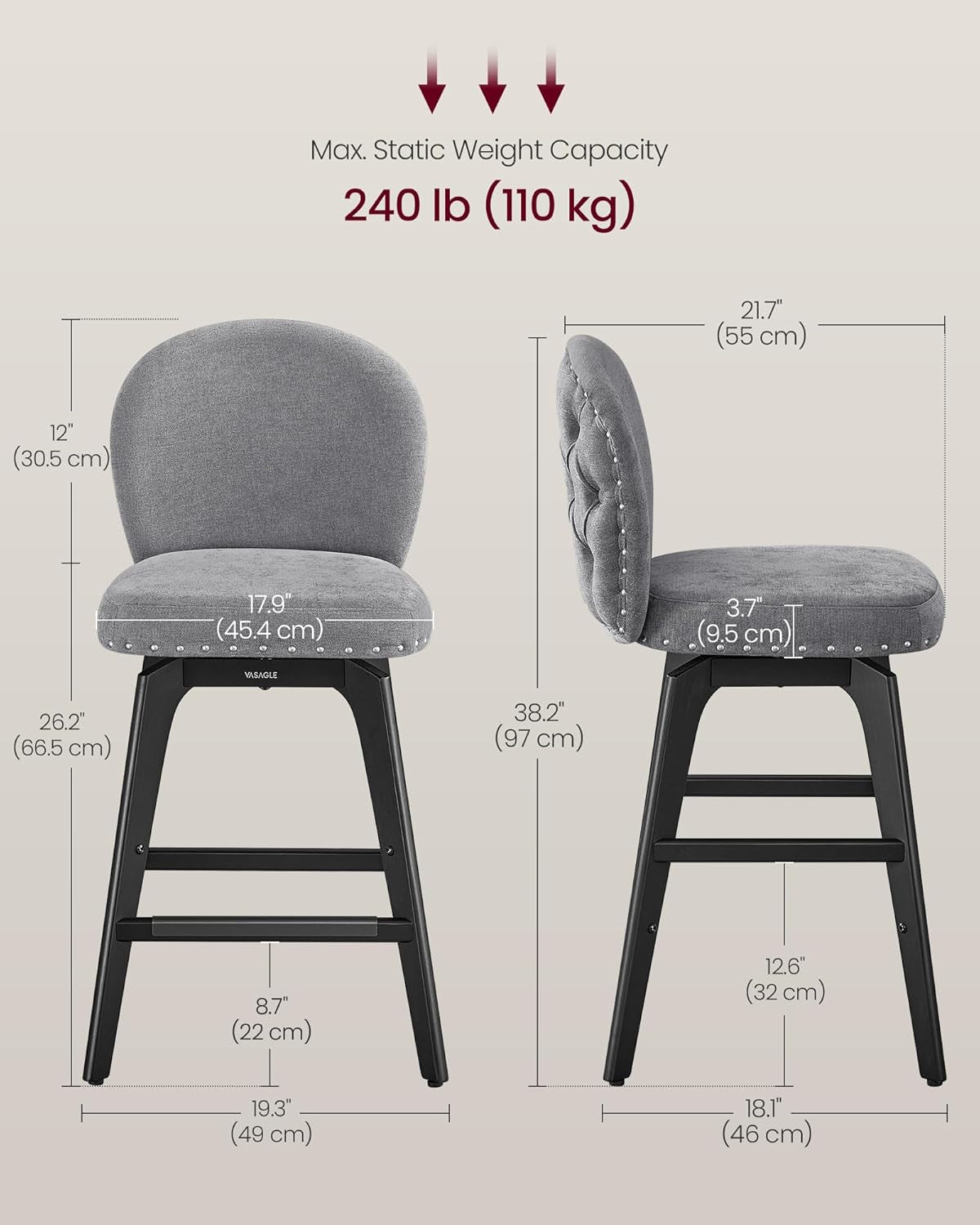 Bar Stools Set of 4, Swivel Counter Height Bar Stools with Back and Wood Legs, Chenille Fabric Upholstered Barstools, 26.2-Inch Tall Counter Barstools for Kitchen Island, Slate Gray