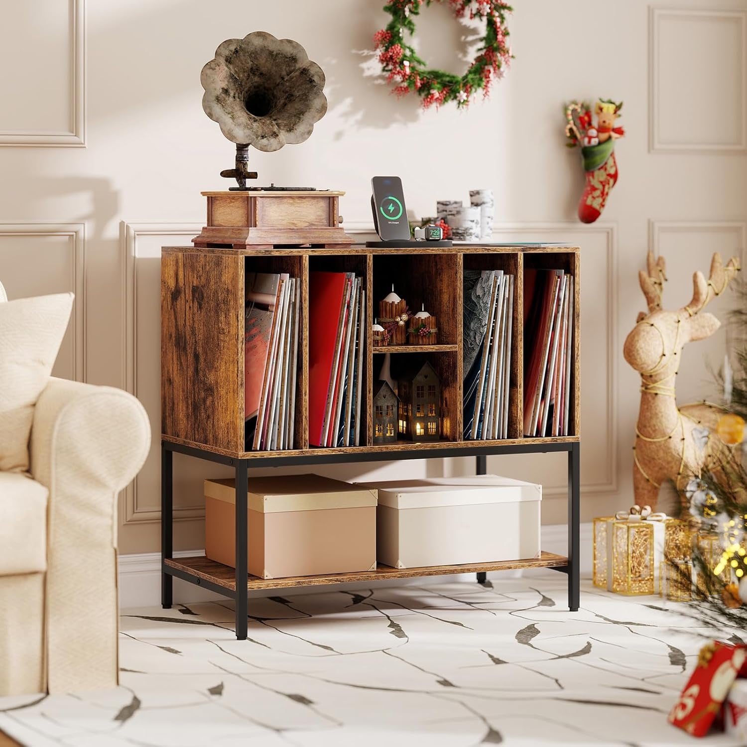 Record Player Stand with Charging Station, Turntable Stand with Storage Shelves Hold up to 150+ Albums, Record Player Table with Metal Frame, Vinyl Record Storage for Music Living Room, Brown