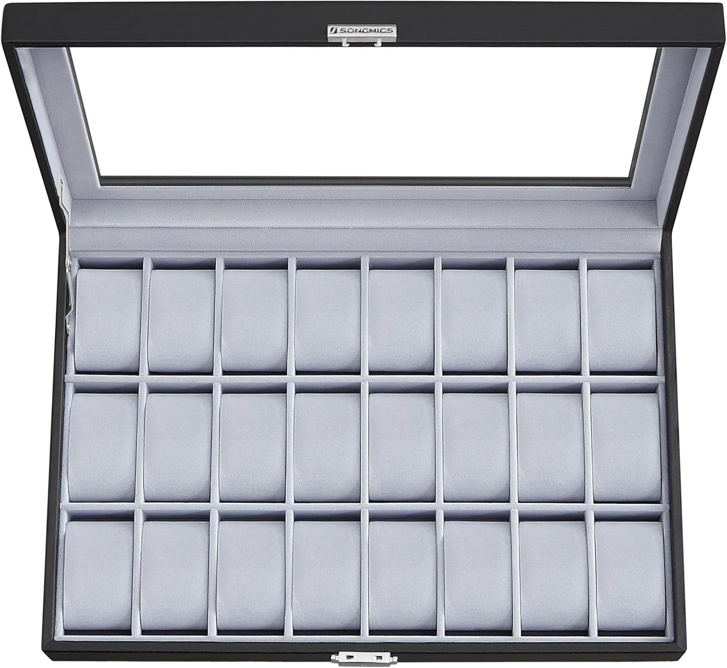24-Slot Watch Box, Lockable Storage Case with Glass Lid, Ink Black Synthetic Leather, Dove Gray Lining, Gift Idea UJWB024