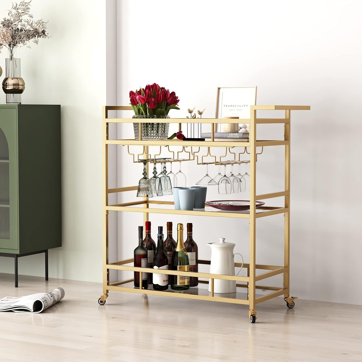 Gold Bar Carts with 3 Tier Glass Shelves, Rolling Serving Bar Cart with Wine Rack and Glass Holder, Home Bar Carts & Wine Carts on Wheels for Kitchen, Indoor & Outdoor