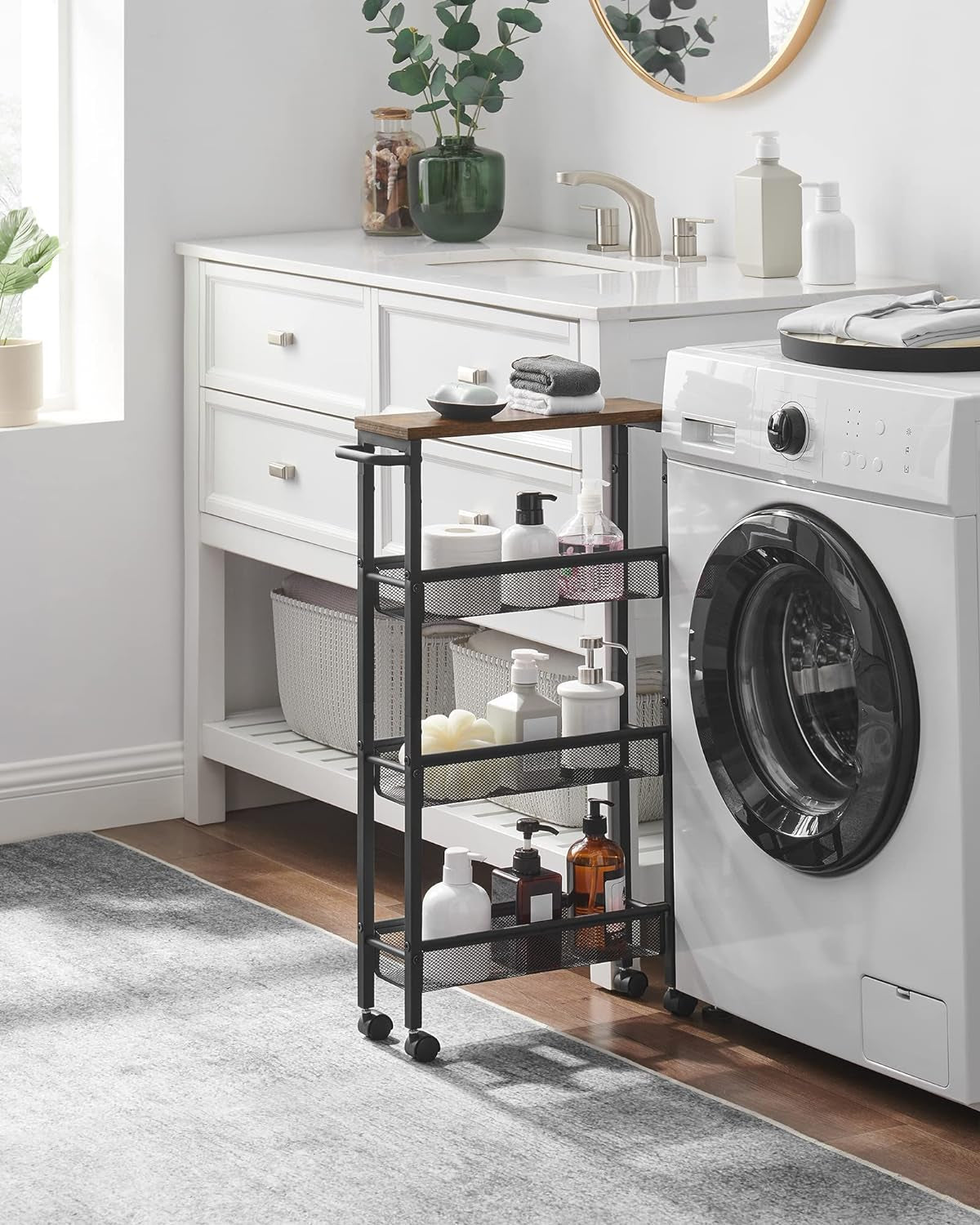 Slim Rolling Cart, 4-Tier Narrow Storage Cart with Handle, 5.1 Inches Deep, Metal Frame, for Kitchen, Dining Room, Living Room, Home Office, Rustic Brown and Classic Black ULRC032B01V1
