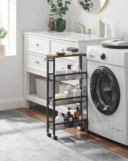 Slim Rolling Cart, 4-Tier Narrow Storage Cart with Handle, 5.1 Inches Deep, Metal Frame, for Kitchen, Dining Room, Living Room, Home Office, Rustic Brown and Classic Black ULRC032B01V1
