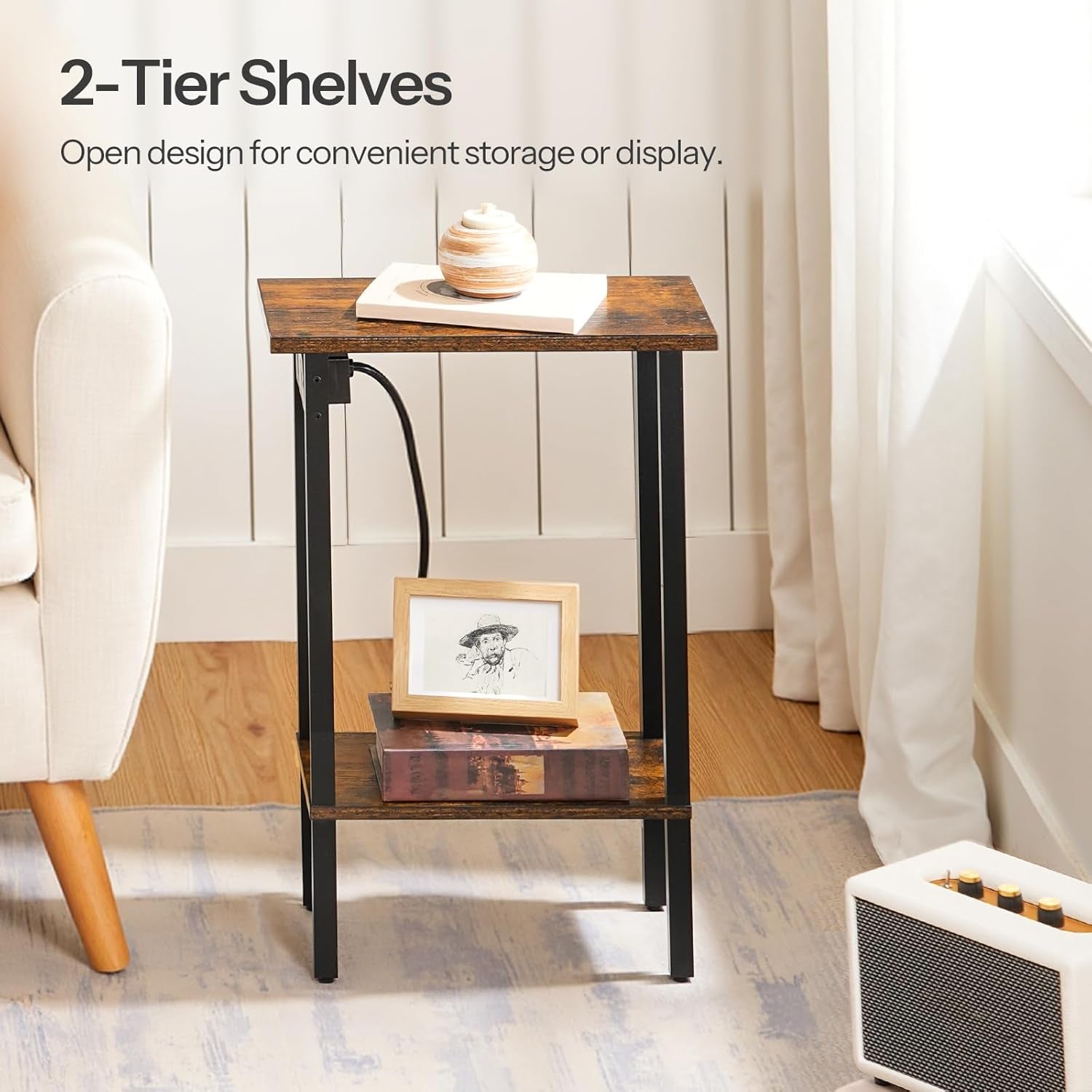 Small End Table with Charging Station, Narrow Side Table with USB Port and Outlets, Skinny Sofa Table, Slim Nightstand, Living Room, Bedroom, Rustic Brown and Black BF240UBZ01