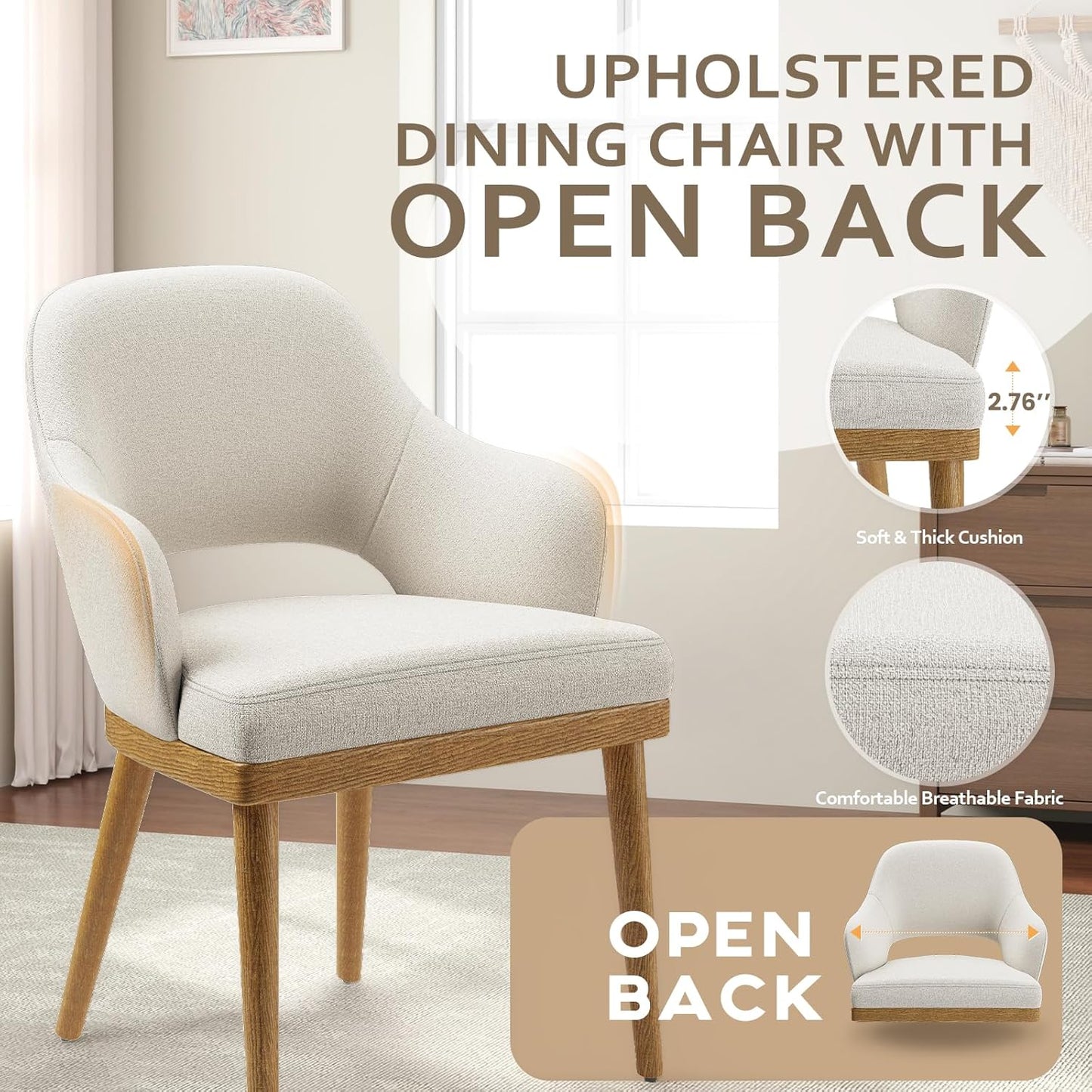 Wooden Dining Chairs Set of 4, Modern Fabric Upholstered Dining Room Chair, Kitchen Side Chairs, Farmhouse Dinner Chair with Open Back for Kitchen, Beige