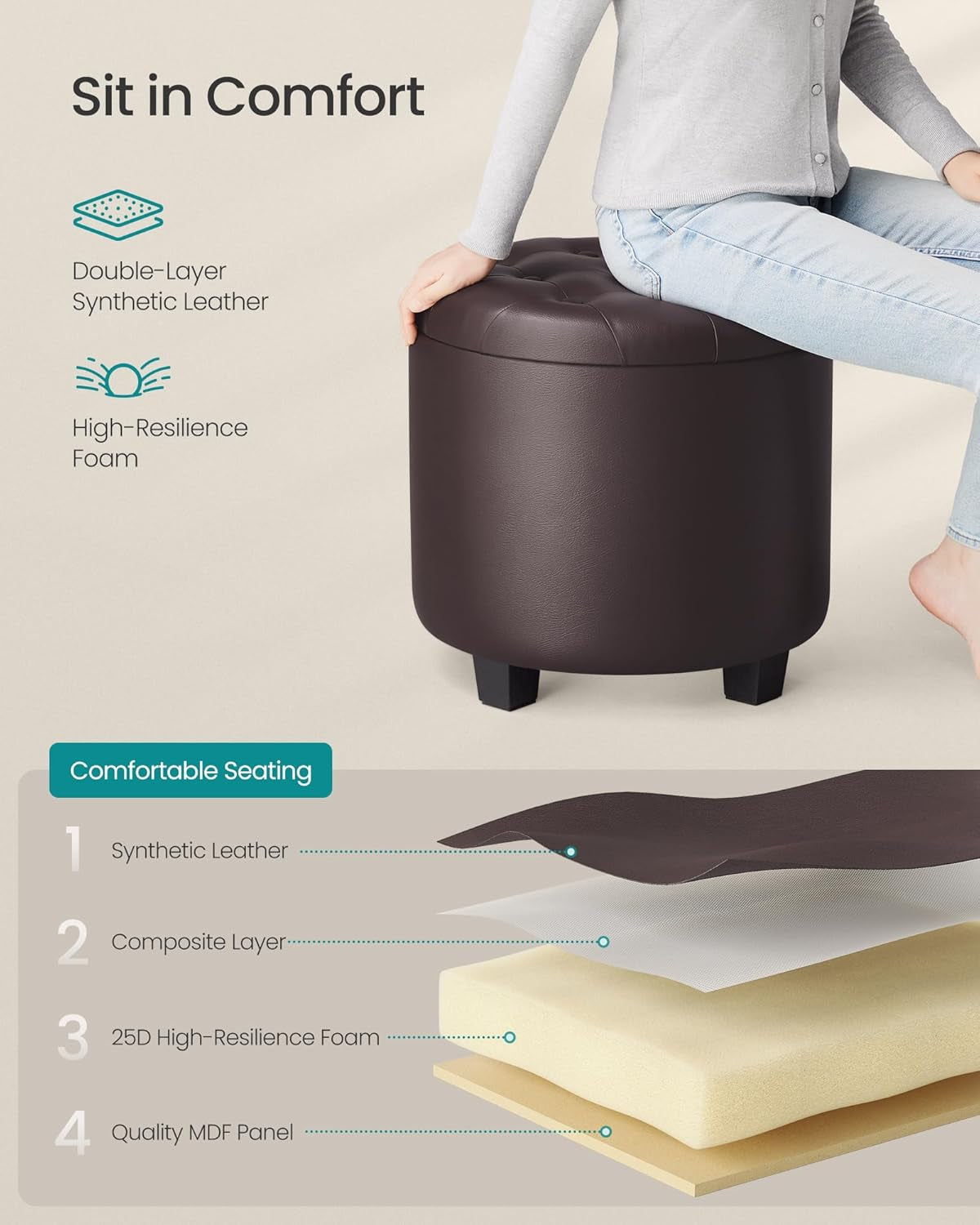 round Ottoman, Ottoman with Storage, 17.7 X 17.7 X 17.5 Inches, Foot Rest with Legs, Synthetic Leather, Load up to 330 Lb, for Living Room, Bedroom, Chestnut Brown ULOM014K01