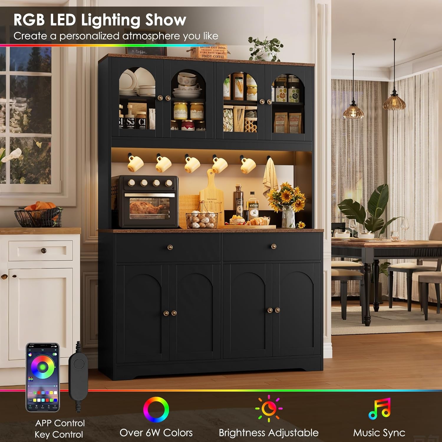 71" LED Kitchen Pantry Cabinet with Power Outlet, Large Kitchen Hutch Storage Cabinet with Arched Door & Shelves & 2 Drawers, Tall Farmhouse Coffee Bar W/Hutch for Home Dining Living Room, Black