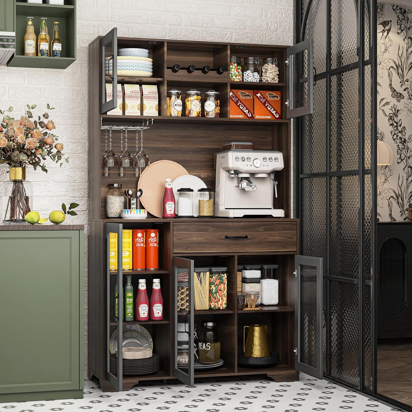 71" Tall Pantry Cabinet, Coffee Bar Storage Cabinet with Charging Station & LED Lights, Kitchen Hutch Food Pantry Cabinet with Wine Rack, Large Drawer, Adjustable Shelves & Microwave Stand, Brown | Coffee Bar, Liquor Cabinet, Power Outlet, LED Lights, Food Pantry, Microwave Stand