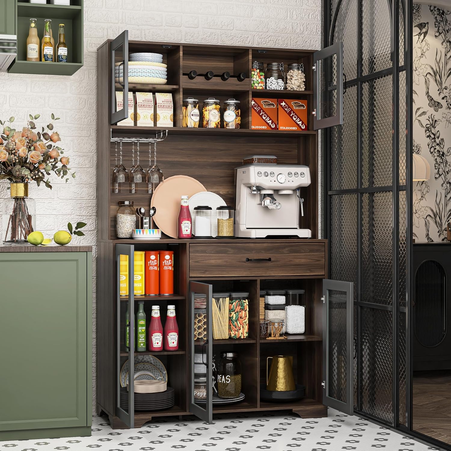71" Tall Pantry Cabinet, Coffee Bar Storage Cabinet with Charging Station & LED Lights, Kitchen Hutch Food Pantry Cabinet with Wine Rack, Large Drawer, Adjustable Shelves & Microwave Stand, Brown | Coffee Bar, Liquor Cabinet, Power Outlet, LED Lights, Food Pantry, Microwave Stand