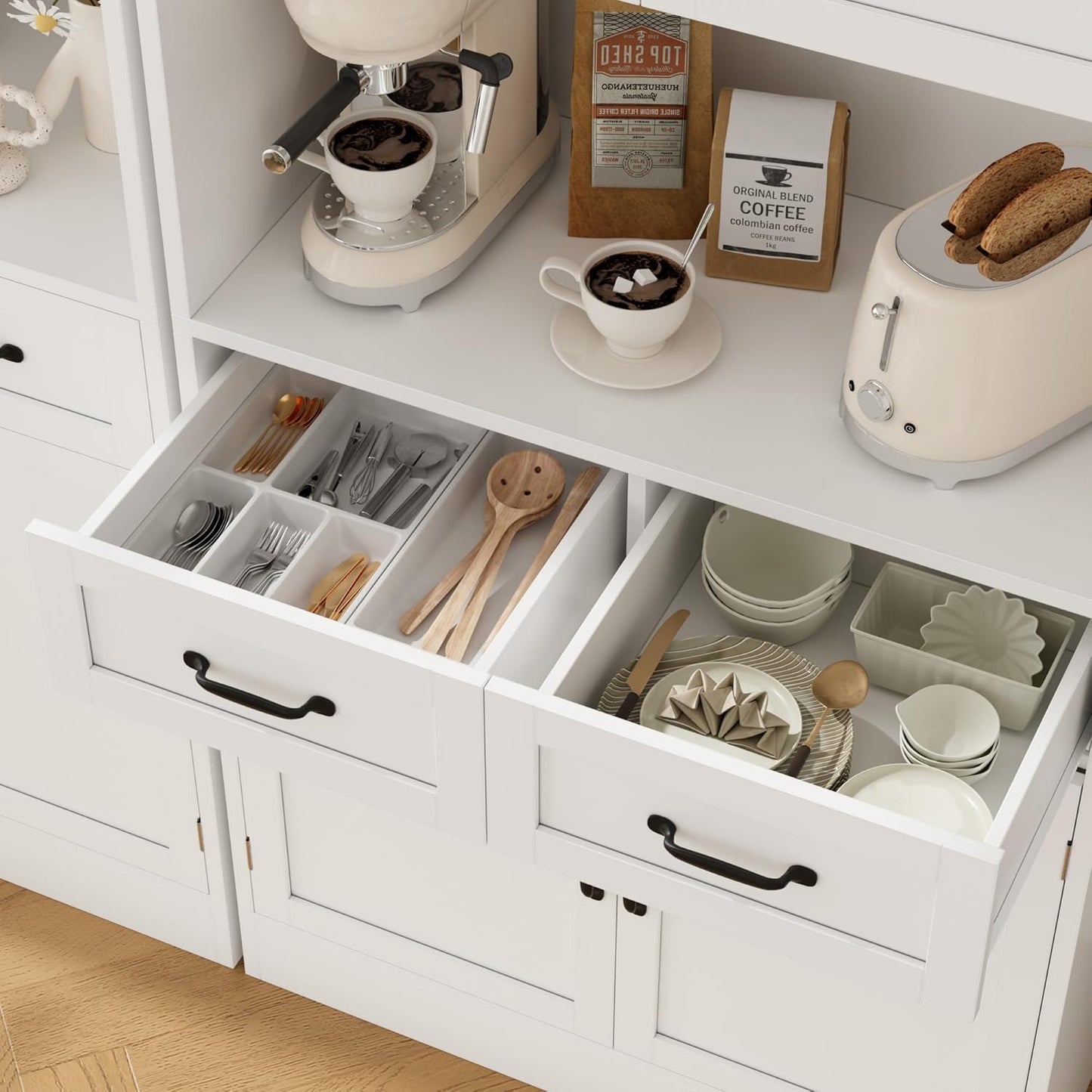 71“ Tall Kitchen Pantry Storage Cabinet, Modern Kitchen Hutch Bar Cabinet with Microwave Stand, Wood Buffet Sideboard with Hutch, Cupboard with Drawers, Shelves for Dining Room, White