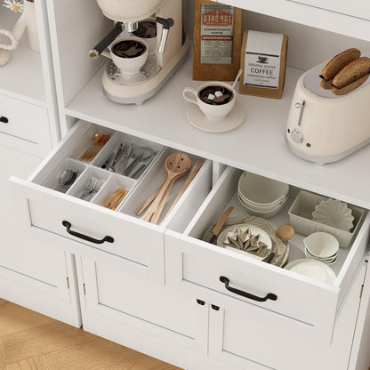 71“ Tall Kitchen Pantry Storage Cabinet, Modern Kitchen Hutch Bar Cabinet with Microwave Stand, Wood Buffet Sideboard with Hutch, Cupboard with Drawers, Shelves for Dining Room, White