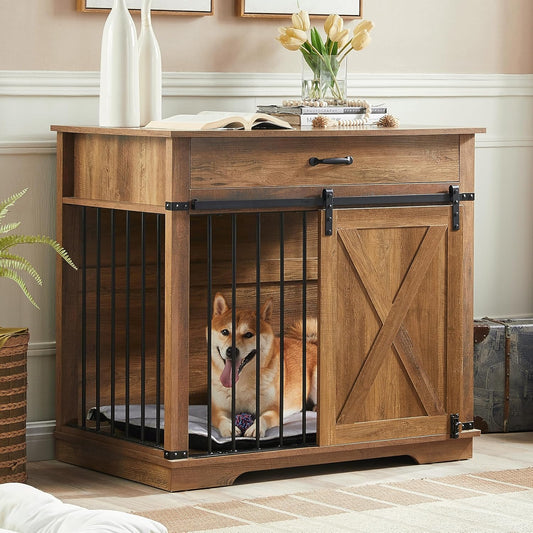38" Large Dog Crate Furniture with Sliding Barn Door, Wooden Dog Kennel with Drawer for Storage, Water Resistant Indoor Furniture Style Dog Crate for Small/Medium/Large Dog, Rustic Oak