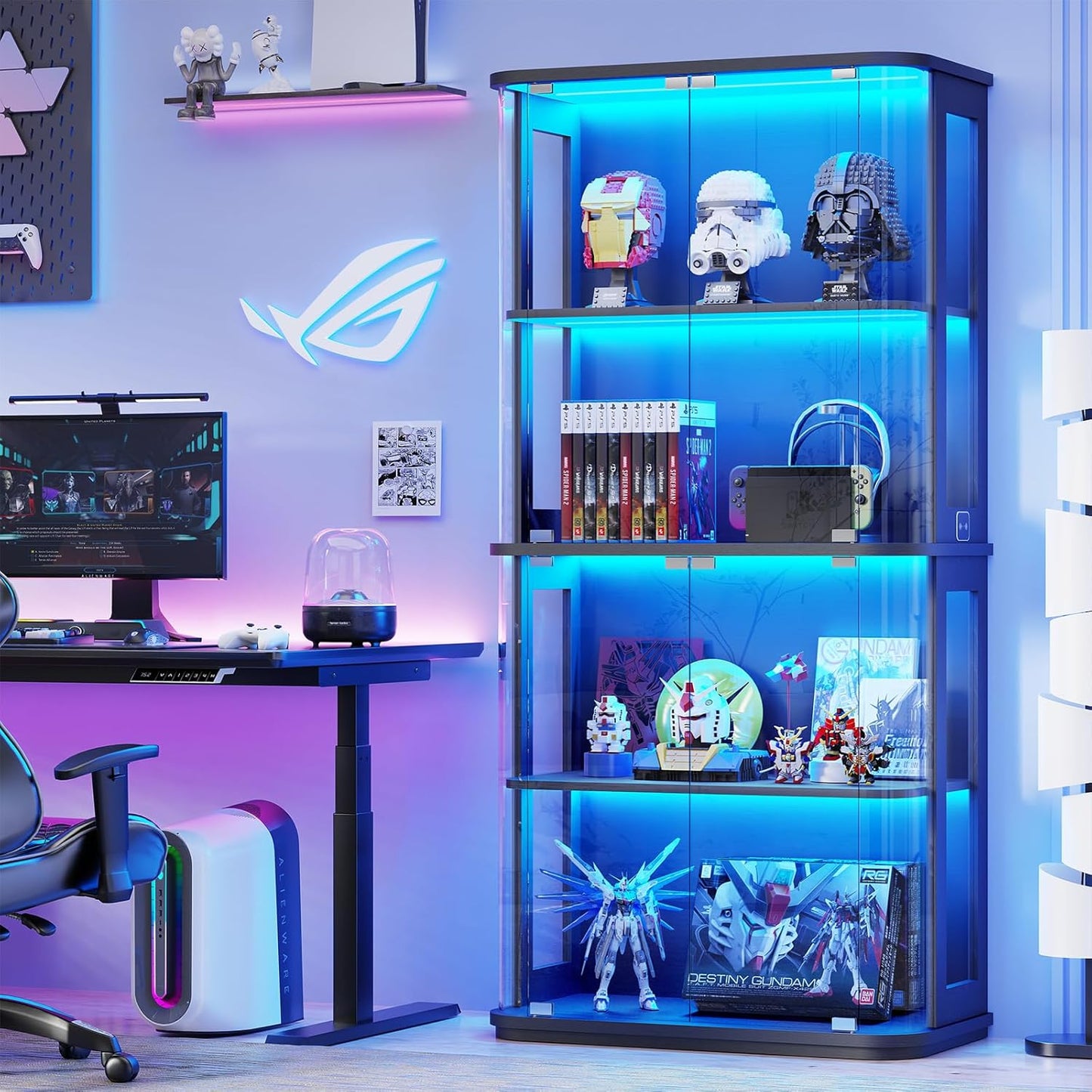 Rounded Display Cabinet with Glass Door, 4-Tier Curio Cabinet with Transparent Full-Display Surface for Collectibles, Glass Display Case with 3 Color Lights, Human Body Sensor, Black