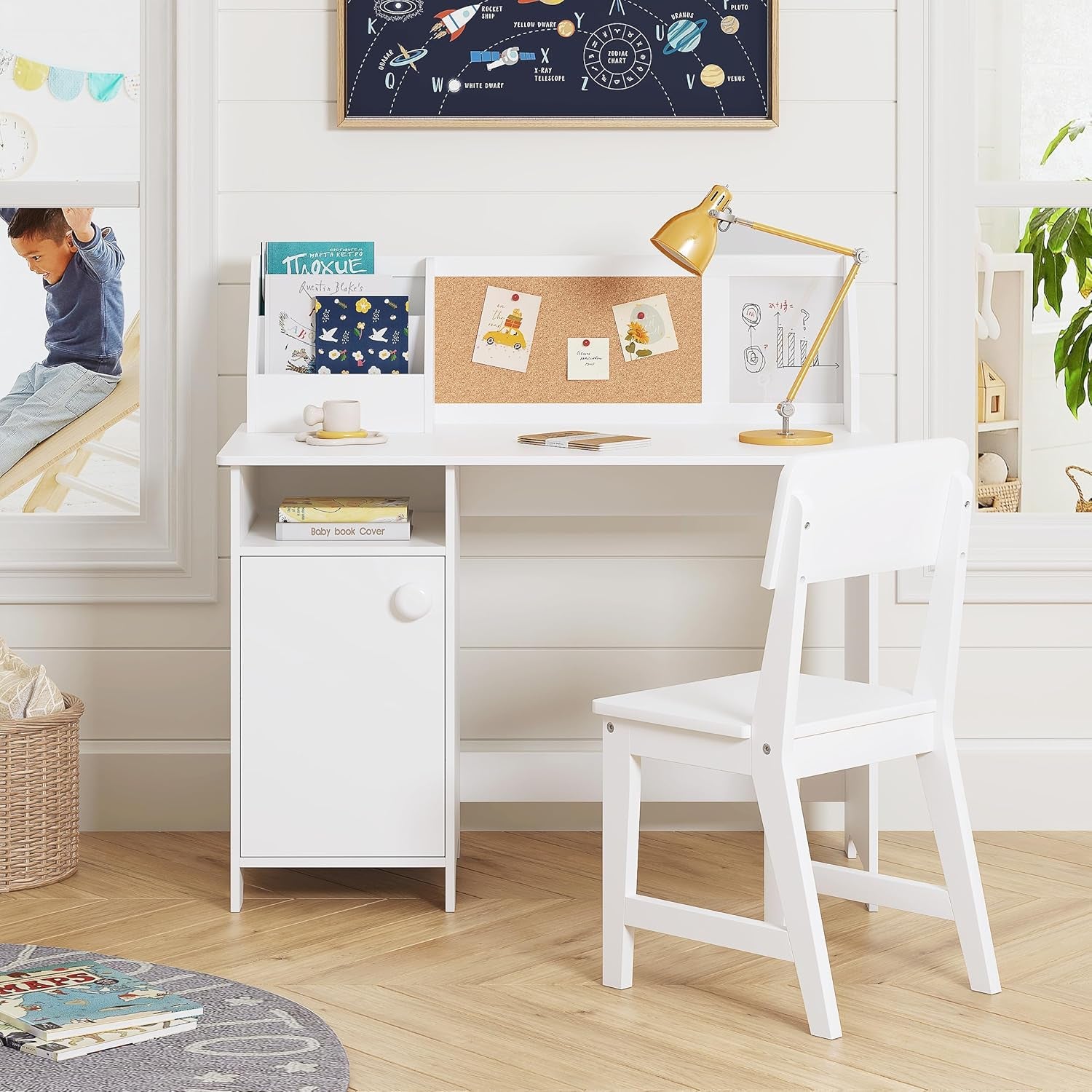 Kids Study Desk with Chair, Kids Desk and Chair Sets with Hutch for 3-8, Wooden Children Study Table, Student Writing Table Computer Workstation