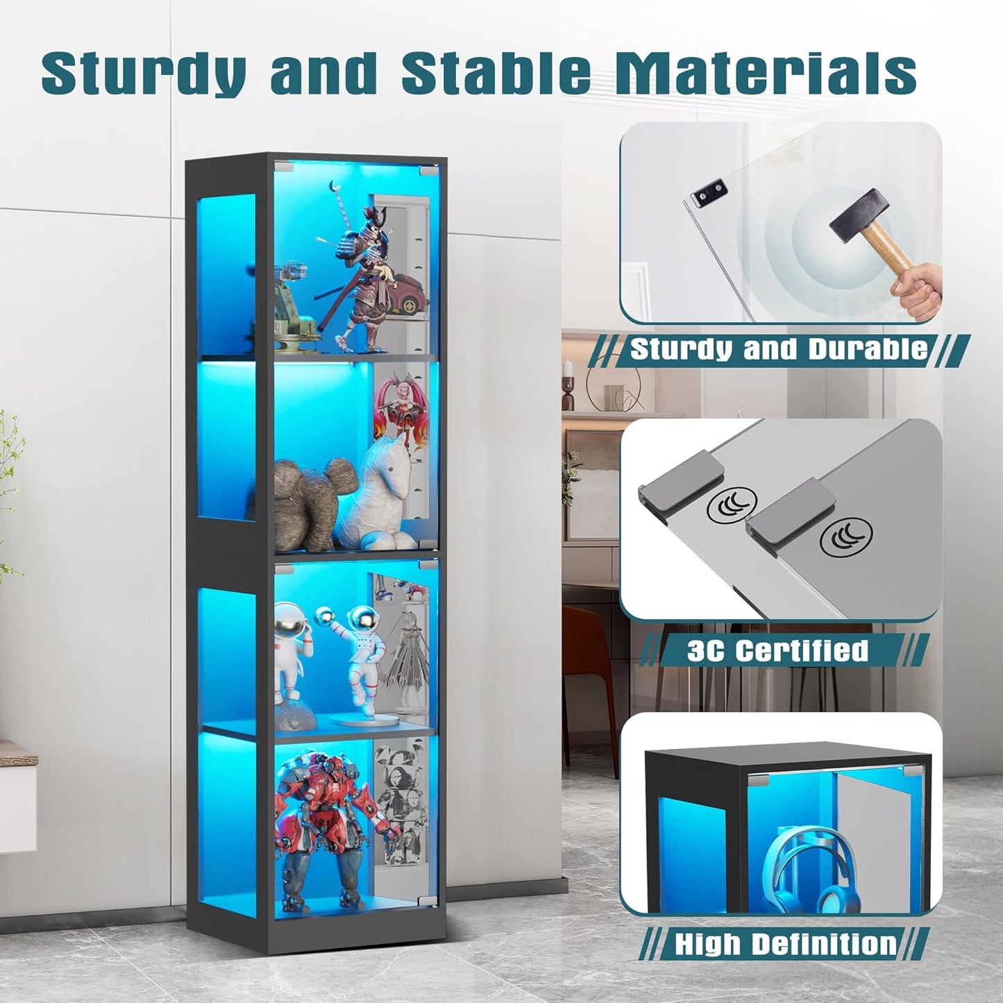 Glass Display Cabinet, 4-Tier Display Cases for Collectibles, Curio Cabinet with RGB Lights, Glass Bookcase Shelf Display Kids Toy Cabinets for Collectible, Living Room, Playroom (Black)