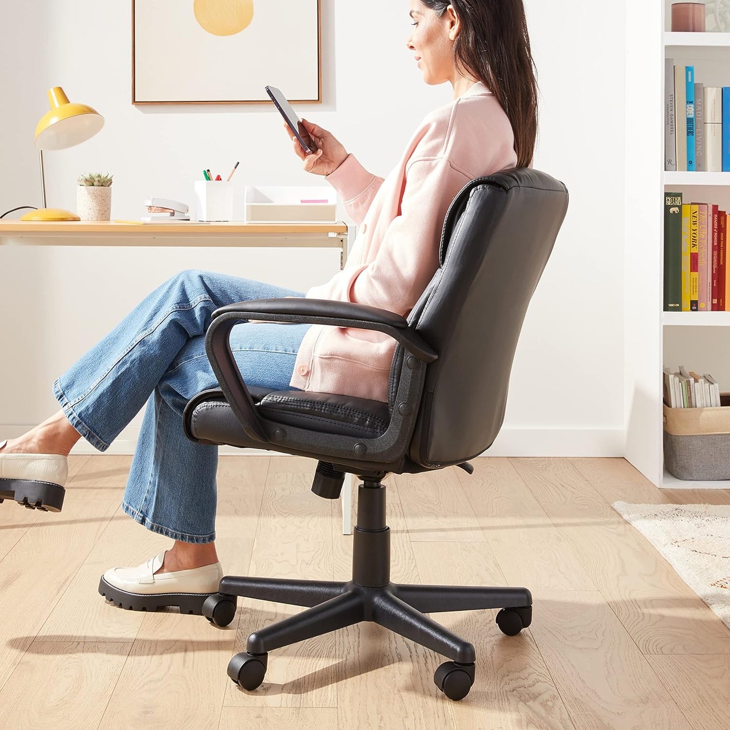 Office Computer Task Desk Chair with Padded Armrests, Mid-Back, Adjustable, 360 Swivel, Rolling, 275 Pound Capacity, 24.2"D X 24"W X 34.8"H, Black Faux Leather