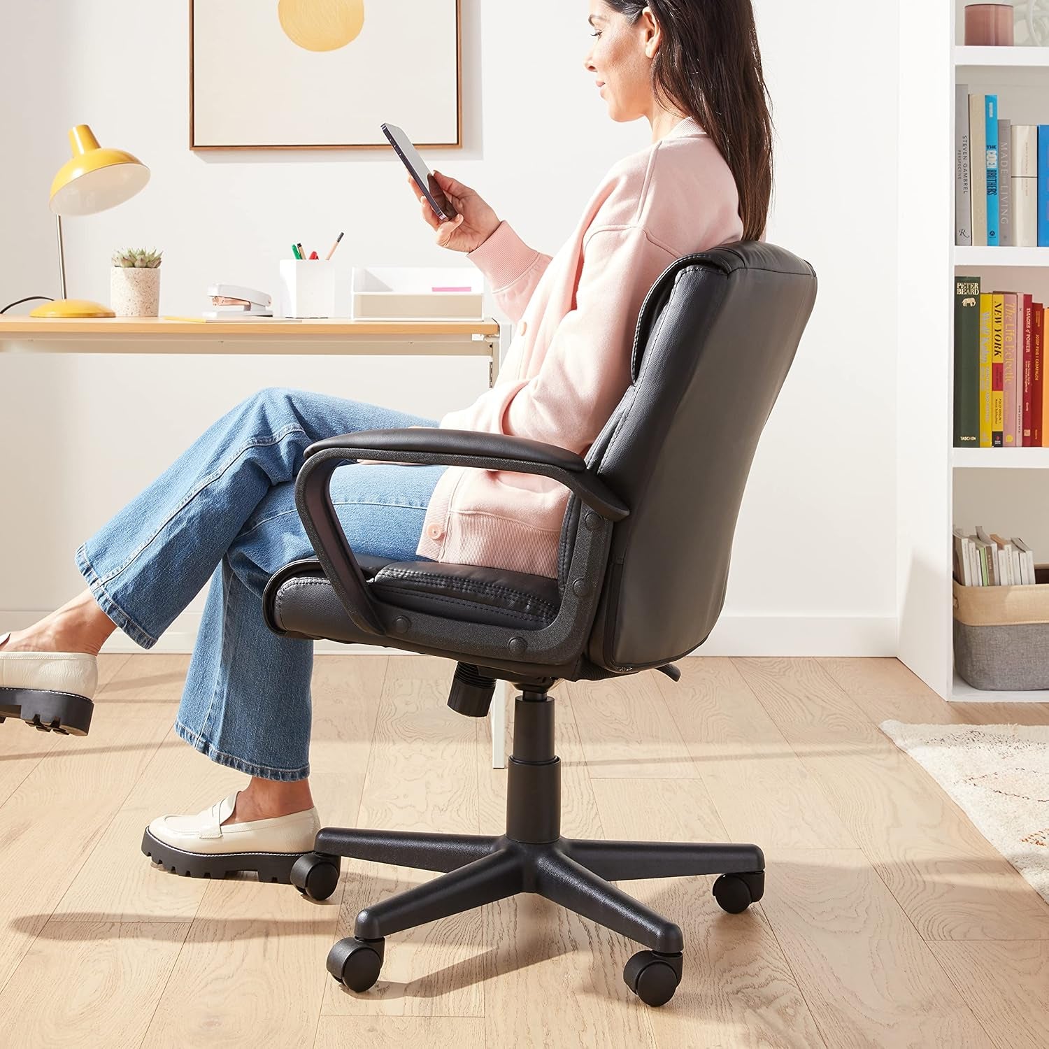 Office Computer Task Desk Chair with Padded Armrests, Mid-Back, Adjustable, 360 Swivel, Rolling, 275 Pound Capacity, 24.2"D X 24"W X 34.8"H, Black Faux Leather