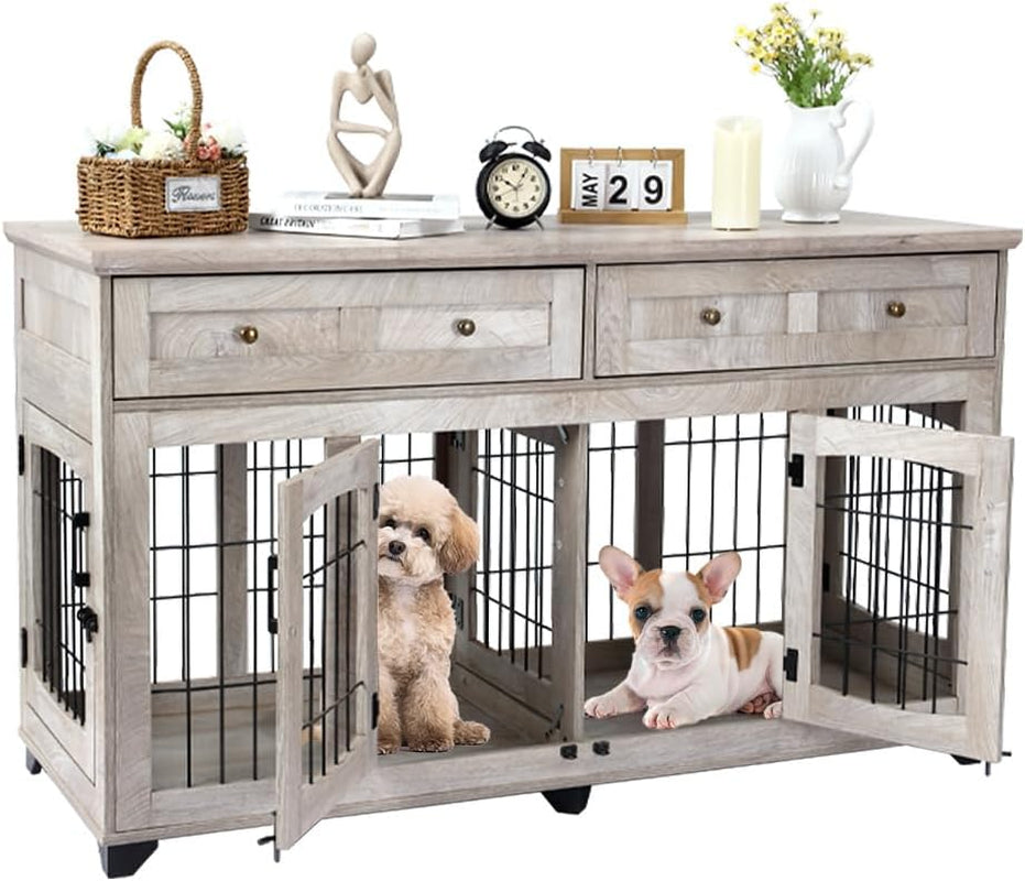 2 Dog Crate Furniture for Large Breeds,Large Dog Kennel Furniture TV Stand,58" Wooden Dog Kennel End Table with Drawers,Double Dog House with Divider
