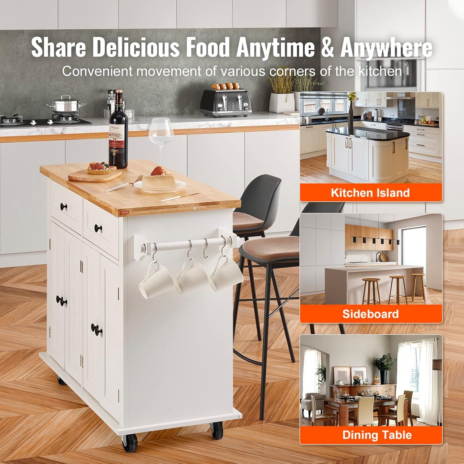 Kitchen Island Cart with Solid Wood Top, 35.4" Width Mobile Carts with Storage Cabinet, Rolling Kitchen Table with Spice Rack, Towel Rack, and Drawer, Portable Islands on Wheels, White