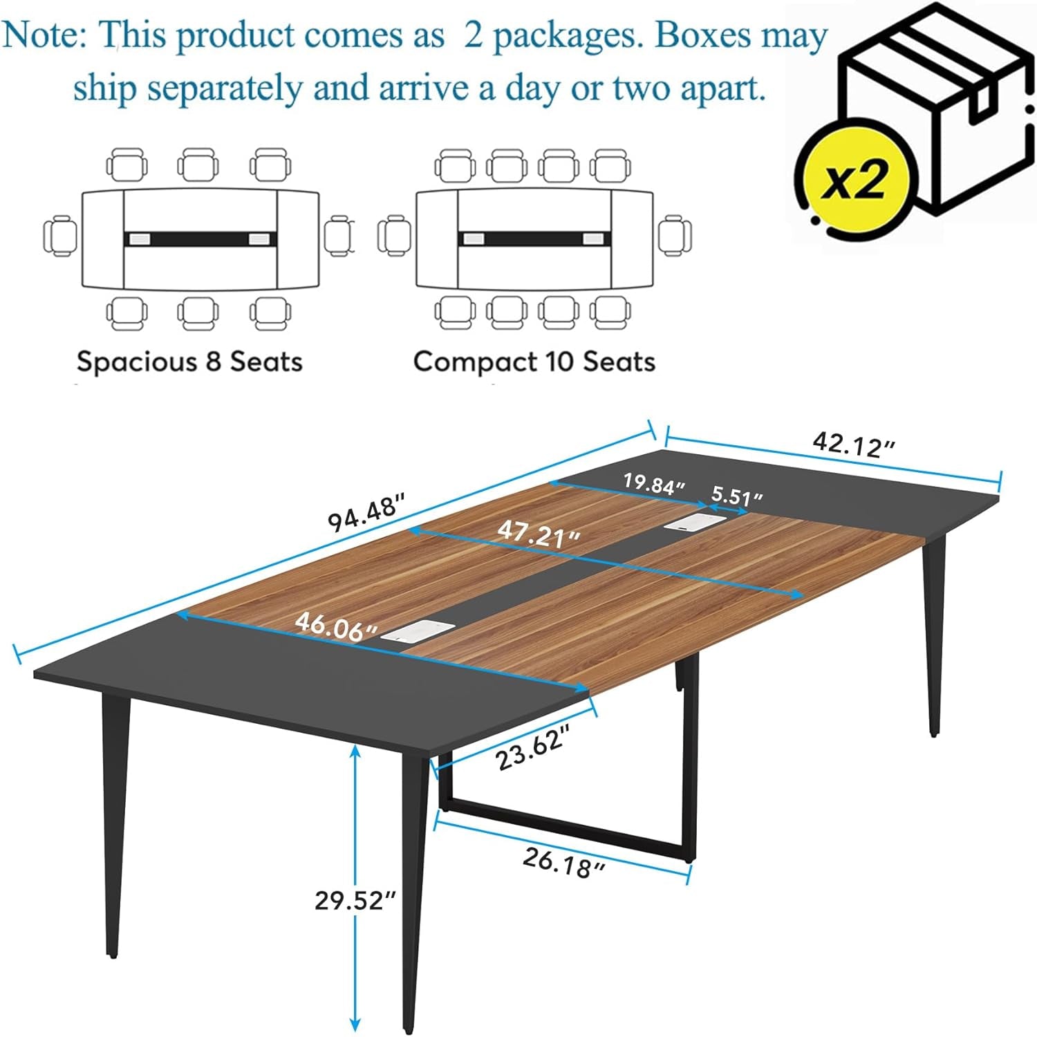 8FT Conference Table, 94.48L X 47.24W X 29.52H Inches Boat Shaped Meeting Table with Rectangle Grommet, Modern Seminar Boardroom Table for Office Conference Room (8Ft, Walnut & Black)