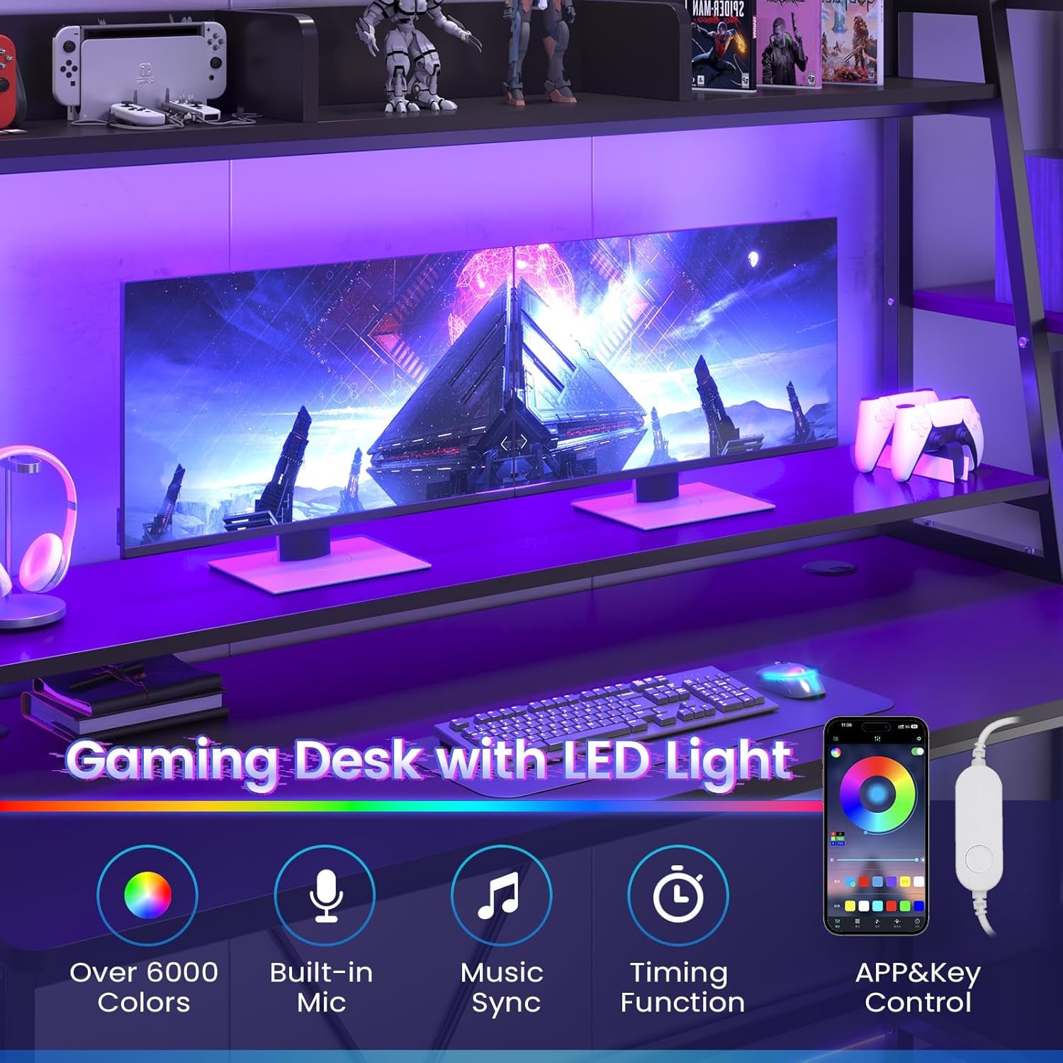 Gaming Desk 78.8'' with LED Lights, Hutch and Storage Shelves, Computer Desk with Monitor Stand, Large PC Gamer Desk Workstation, Ergonomic Gaming Table for Bedroom, Living Room, Black