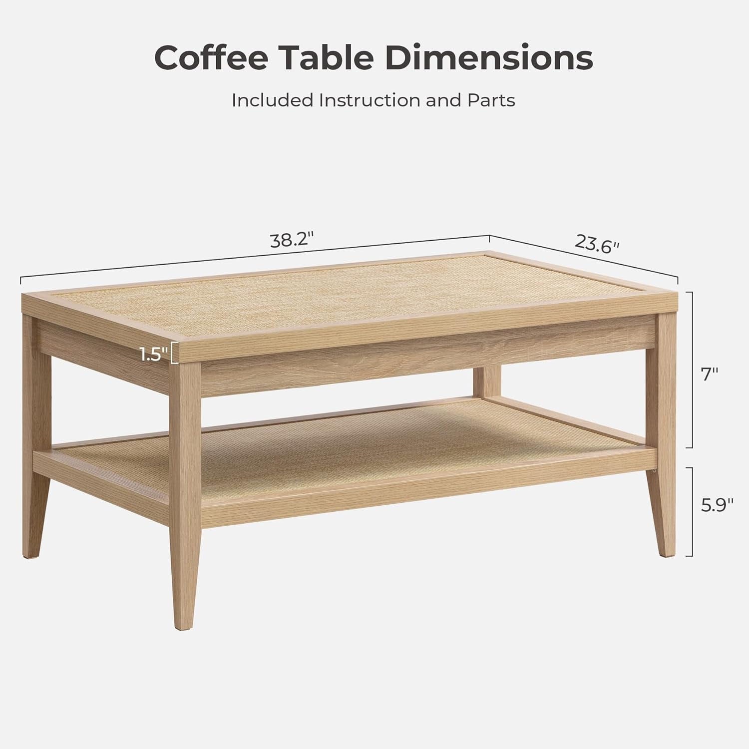 Rattan Coffee Table for Living Room - Boho Rectangular Dining Center Table with 2 -Tiers Rattan Storage Shelf, Farmhouse Accent Table for Living Room, Home Office, Light Oak