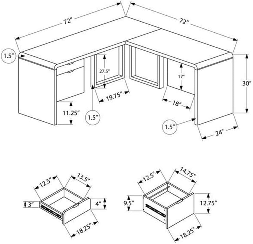 I 7582 Computer Desk, Home Office, Corner, Left, Right Set-Up, Storage Drawers, 72" L, L Shape, Work, Laptop, Laminate, Metal, Glossy White