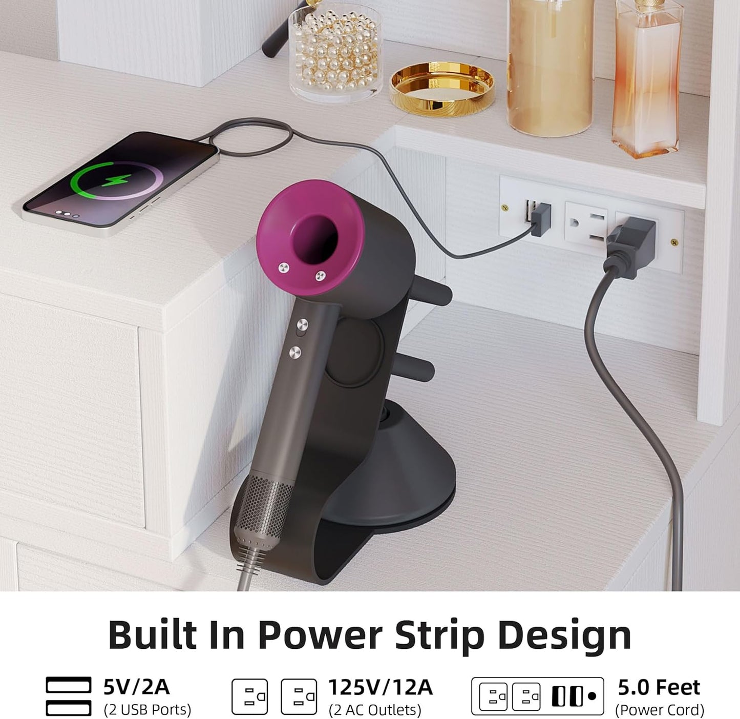 Makeup Vanity Desk with Mirror, LED Light and Power Outlet, Vanity Set with Hidden Jewelry Storage, 5 Drawers and Lots Shelves, Adjustable 3 Lighting Colors, Dressing Table with Stool, White