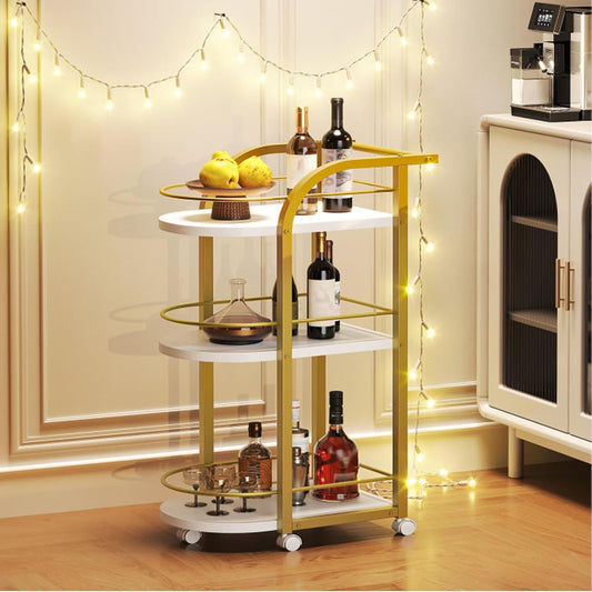 3-Tier Bar Cart, Home Bar Serving Cart with Fence and Wheels, for Dining Room, Living Room, Garden, Party, White and Gold BC06DW