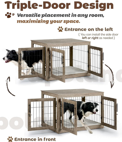 Dog Crate Furniture, 32 Inch Medium Dog Crates with Bed Mat, Wooden Dog Kennel Furniture, End Side Table Dog Cage with 3 Doors, Greige