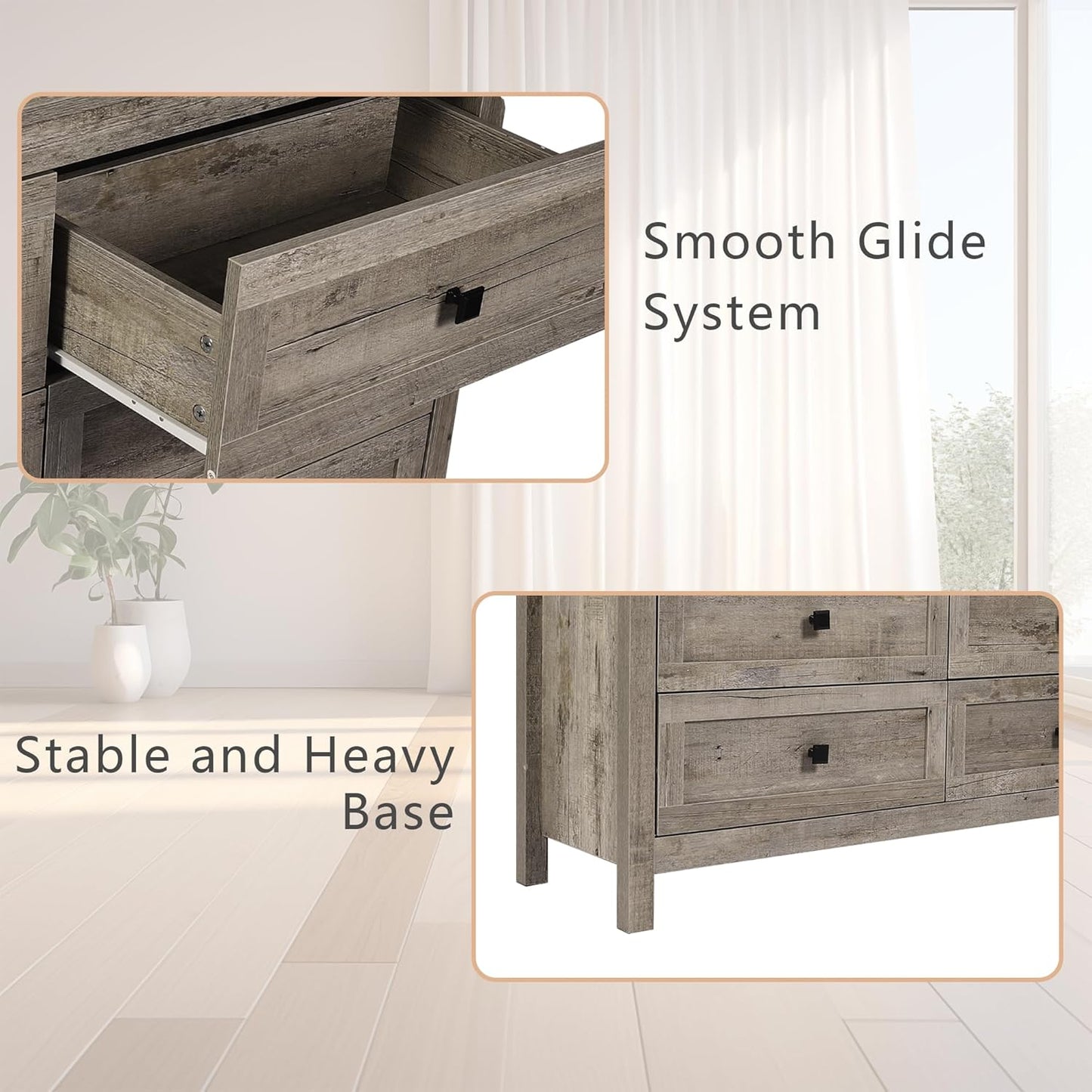 Farmhouse Bedroom Furniture Set, Rustic Wood Double Dresser Chest of Drawers. 6-Drawer Chest of Drawers Wide Storage Organizer Cabinet for Bedroom, Living Room, 1Pc Dresser+1Pc Nightstand