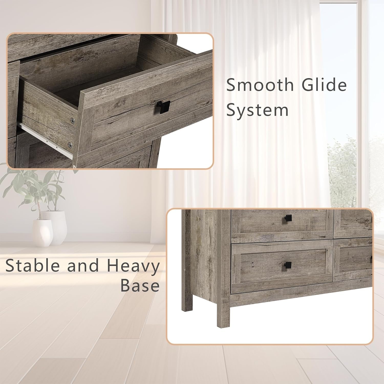 Farmhouse Bedroom Furniture Set, Rustic Wood Double Dresser Chest of Drawers. 6-Drawer Chest of Drawers Wide Storage Organizer Cabinet for Bedroom, Living Room, 1Pc Dresser+1Pc Nightstand