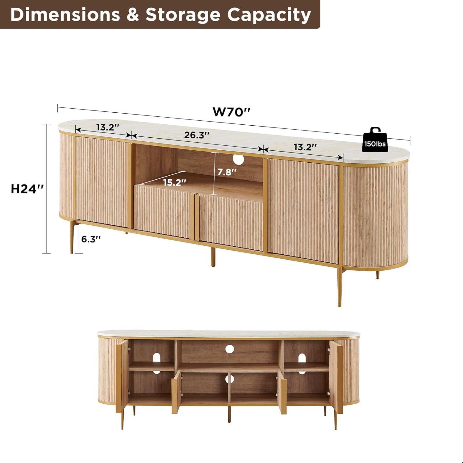 70" Fluted TV Stand with Storage, Faux Marble Top Entertainment Center for Tvs up to 80", Modern Curved Edge Media Console Cabinet for Living Room, Natural Oak