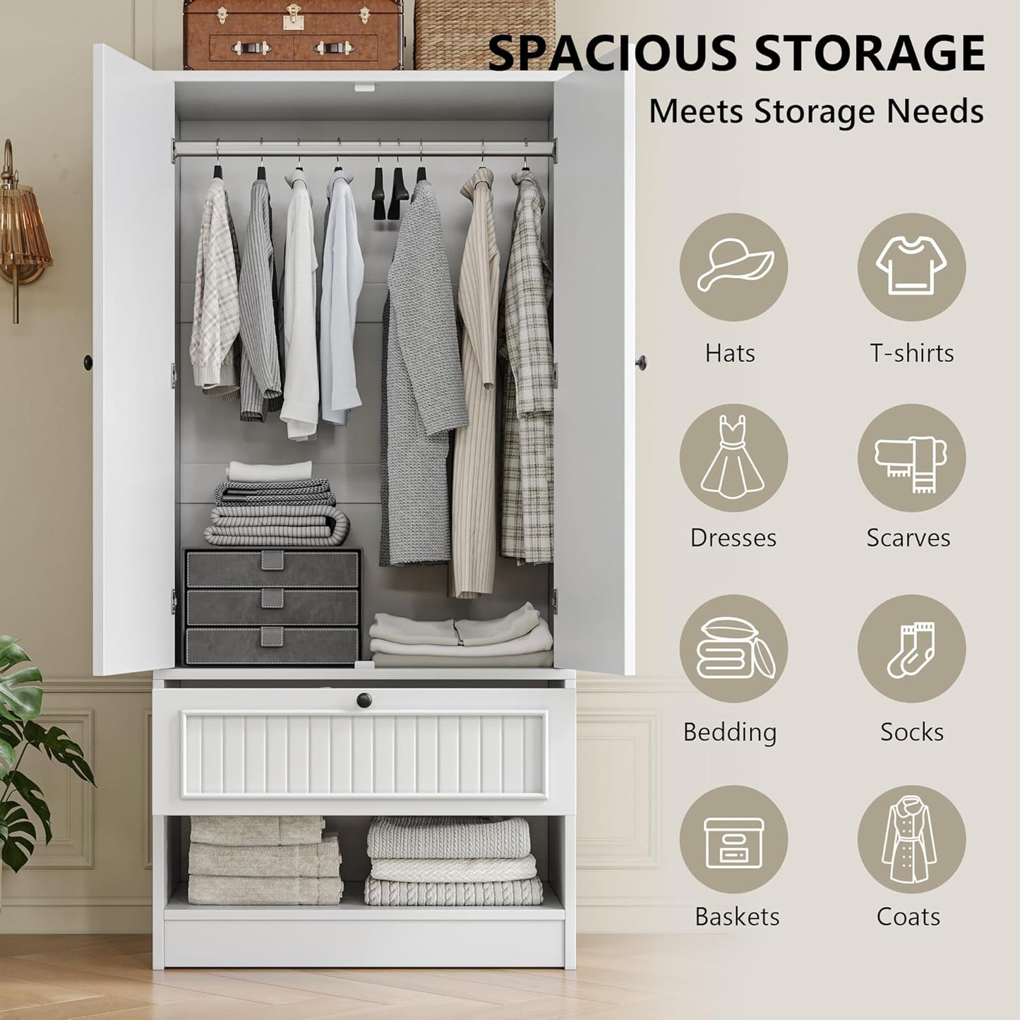 70" Armoire Wardrobe Closet with Doors & Mirror,Wooden Wardrobe with Drawers and 3 Side Hooks,Large Freestanding Bedroom Storage Wardrobe Cabinet,White
