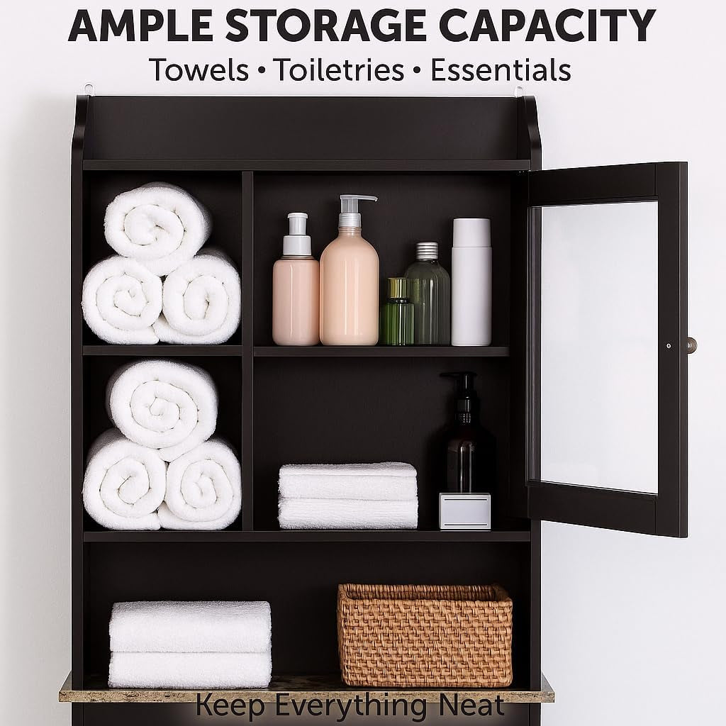 Over Toilet Space Saver Cabinet – Bathroom Organizer with Enclosed Door, Open Storage & Marble-Look Shelf (Espresso)