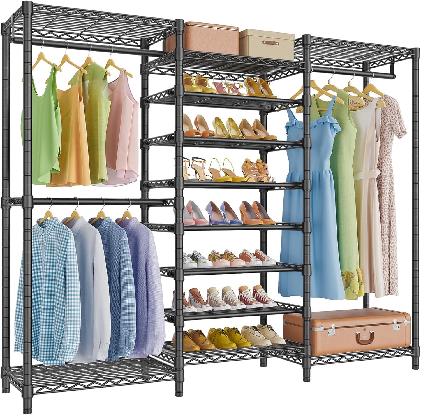 S3C Heavy Duty Portable Closet, Adjustable Shoe Rack Wire Shelf, Large Wardrobe Organizer for Bedroom Storage, Freestanding Clothes Rack with Hanging Rod, Custom White Rack with Grey Cover