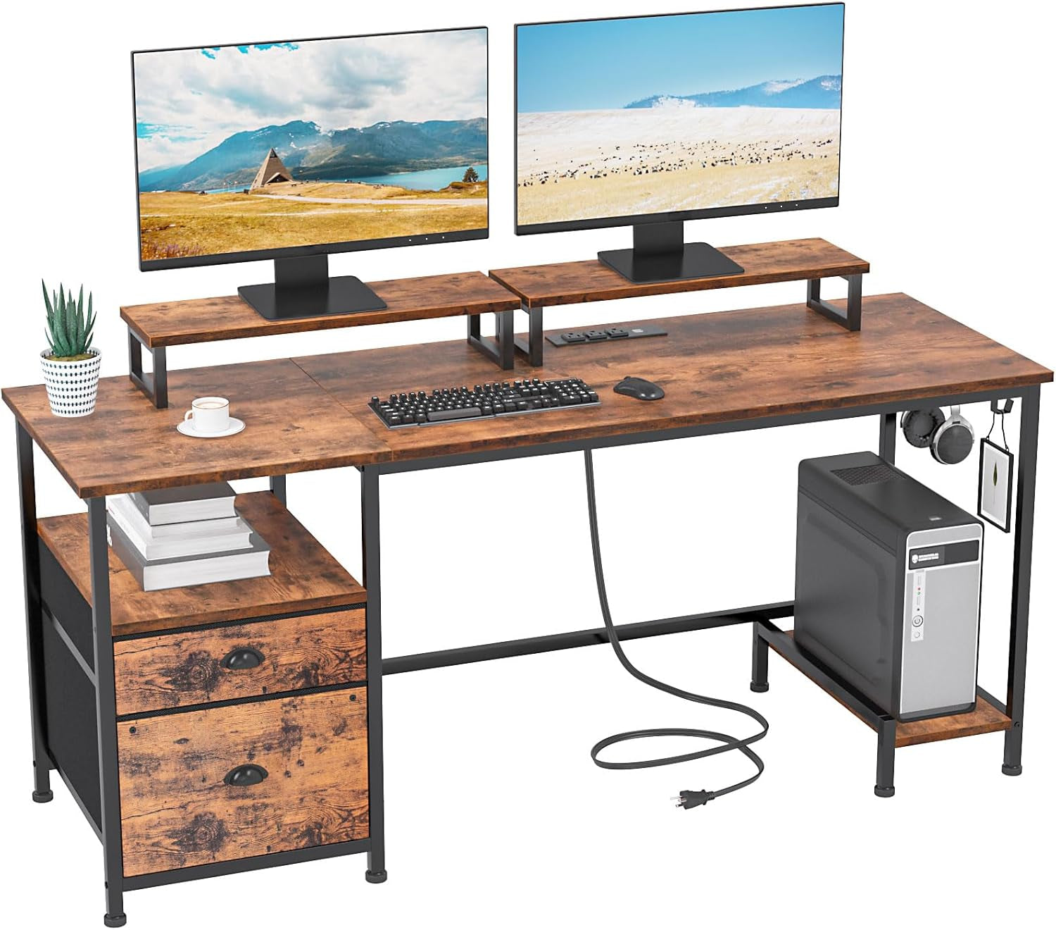 55" Computer Desk with File Cabinet and Power Outlets, Home Office Desk with 2 Movable Monitor Stands and Storage Drawer, Writing Table with Shelves and 2 Hooks for Bedroom, Rustic Brown