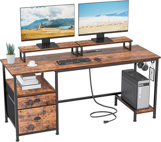 55" Computer Desk with File Cabinet and Power Outlets, Home Office Desk with 2 Movable Monitor Stands and Storage Drawer, Writing Table with Shelves and 2 Hooks for Bedroom, Rustic Brown