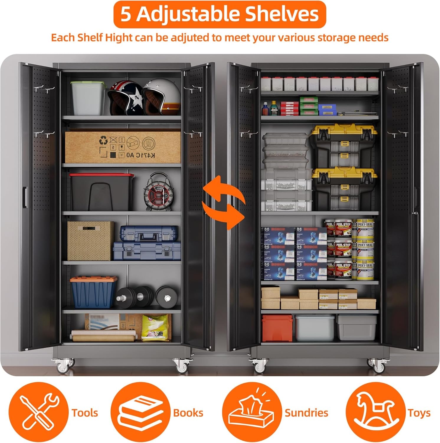 Garage Storage Cabinet with Wheels Pegboard and 5 Adjustable Shelves, 71'' X 32'' X 16''Metal Lockable Cabinet with Magnetic Doors,Tool Storage,Home Office Garage,Gym,School (Black)