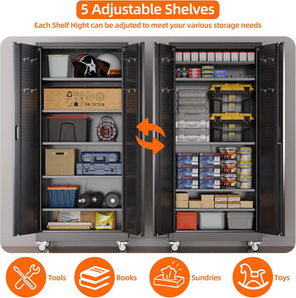 Garage Storage Cabinet with Wheels Pegboard and 5 Adjustable Shelves, 71'' X 32'' X 16''Metal Lockable Cabinet with Magnetic Doors,Tool Storage,Home Office Garage,Gym,School (Black)